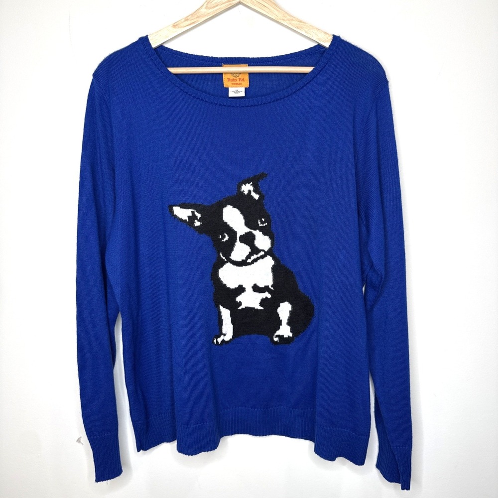 Boston Terrier Crewneck Sweater Womens 1X Blue Preppy Dog Lightweight Animal